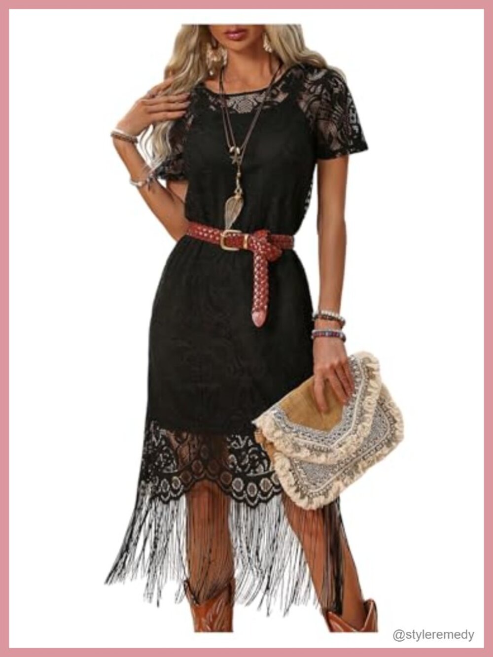 Women's Western Fringe Dress Set Sheer Lace Layered Short Sleeve